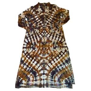 OOAK Hand Tie Dye Brown Purple Long Sleeve Boho Maxi Style Tunic/ Dress Size 2XL